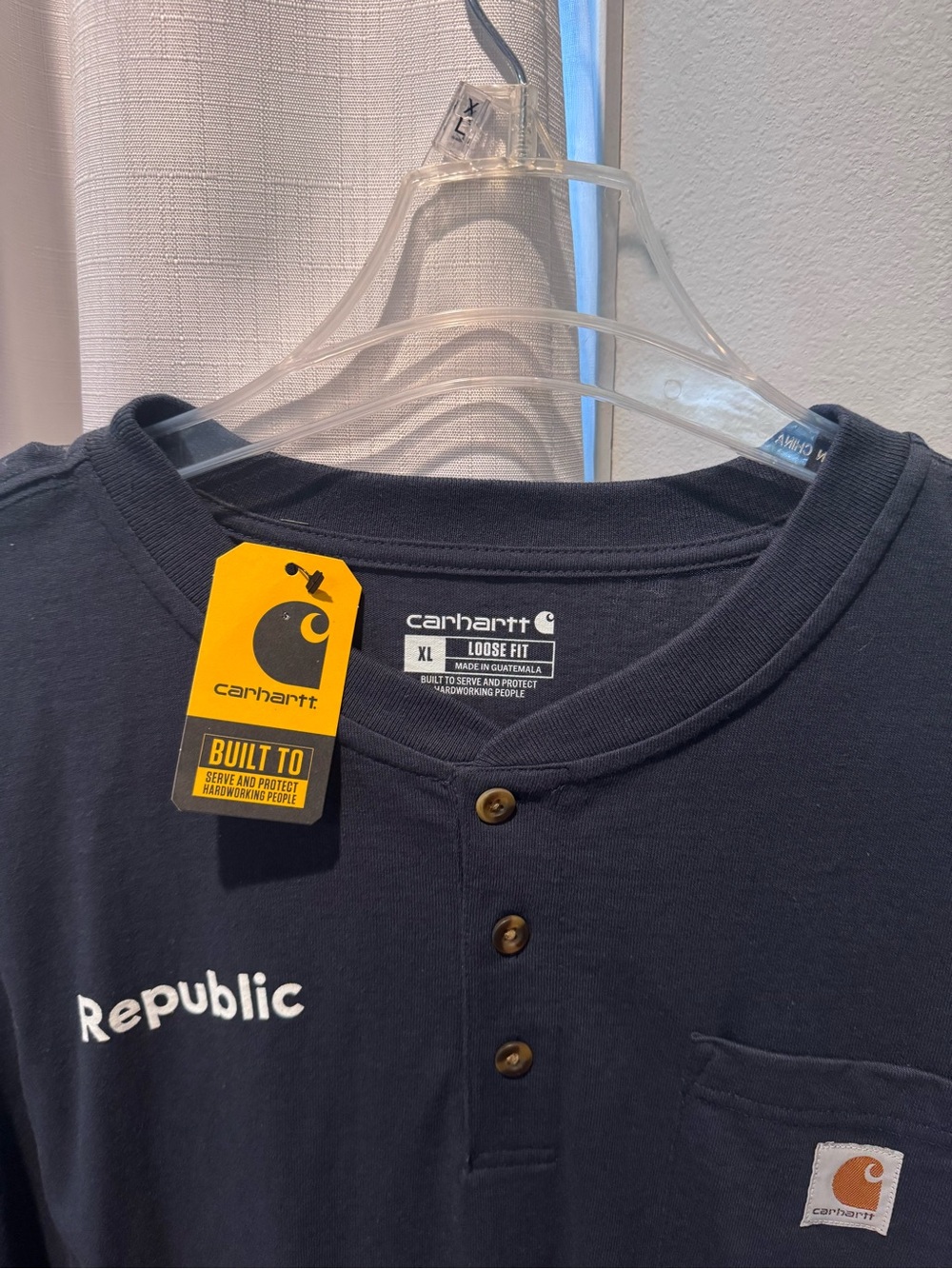 Carhartt Men's Navy Button Henley with Pocket and 'Republic' Print